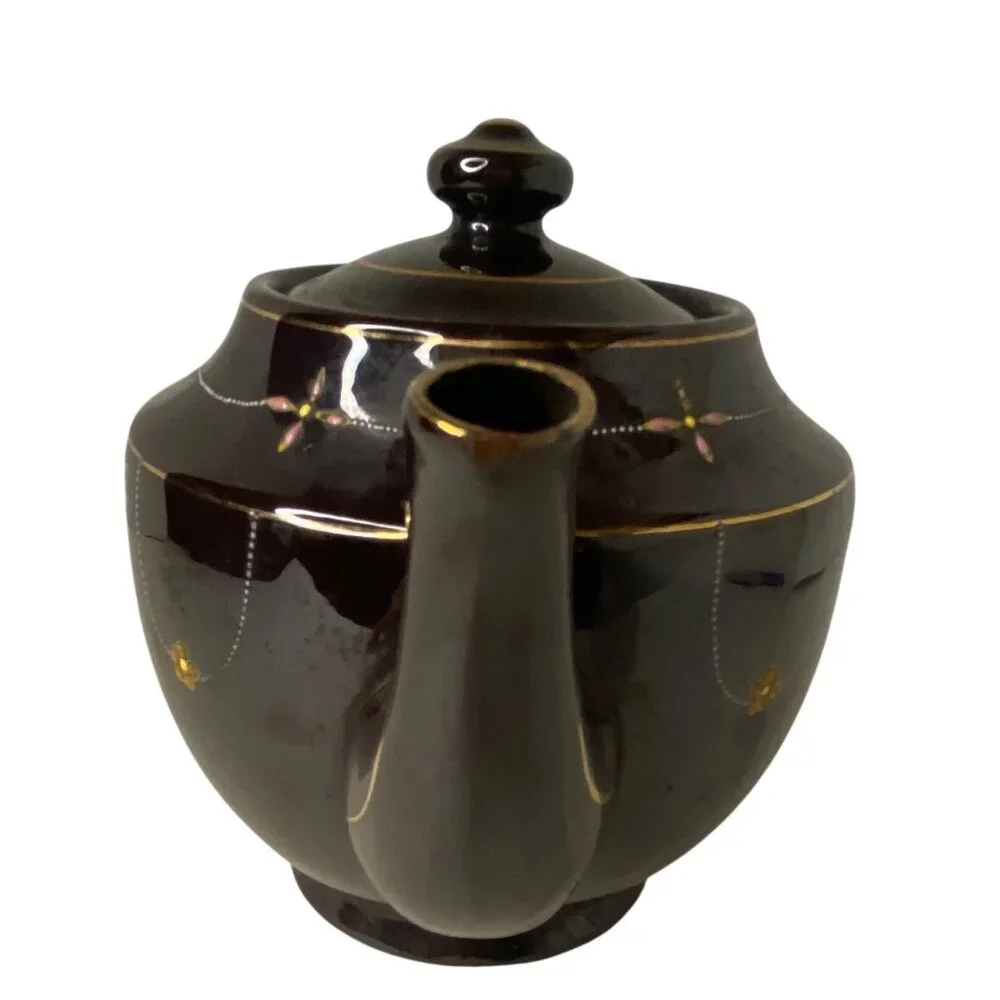 Vintage 1940's Glossy Brown Ceramic Teapot Moriage Painted Flower Made‎ in Japan